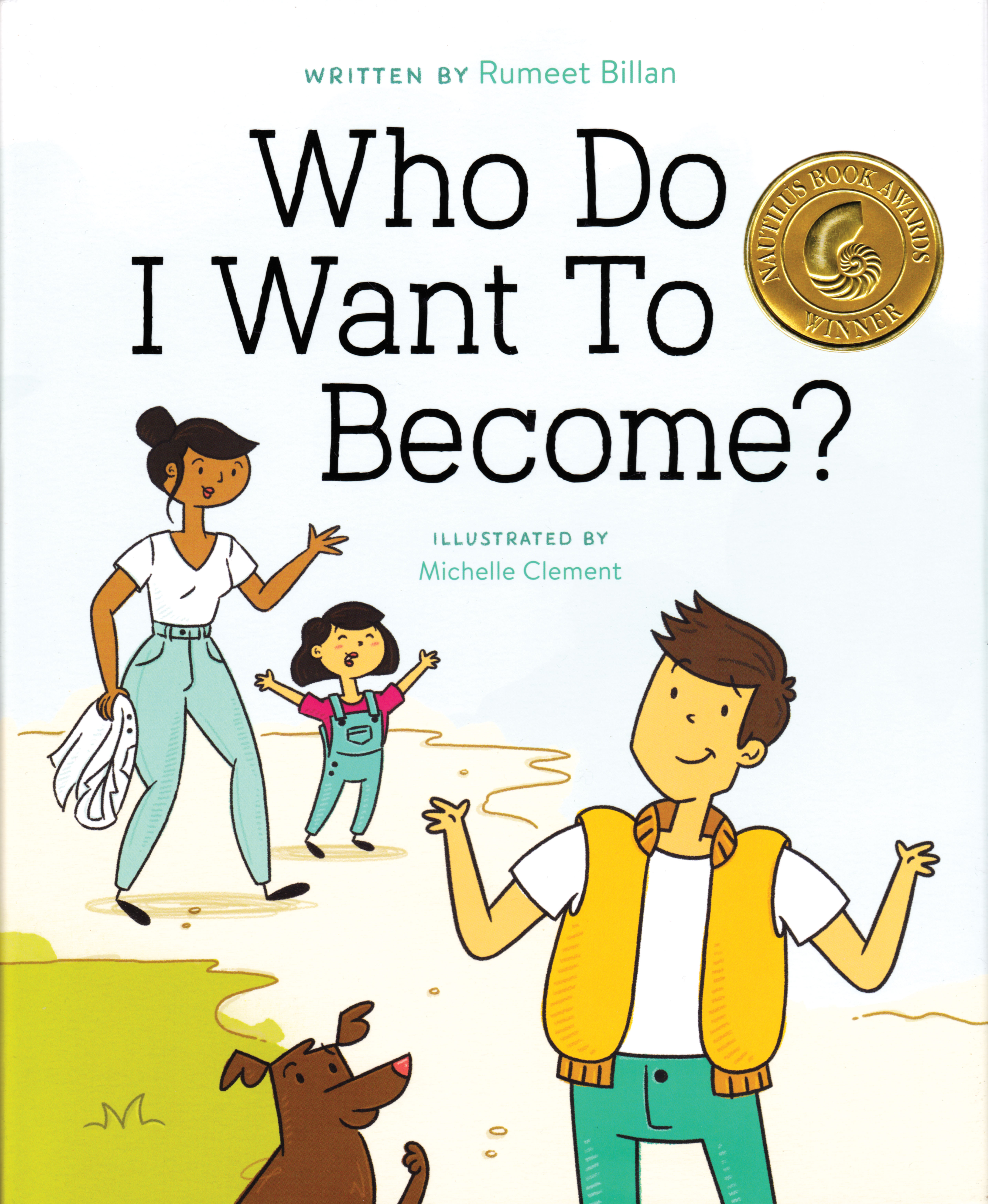 Photo of a book cover for 'Who Do I Want to Become?' The cover is an illustration of two adults, one child and a dog walking along a beach.